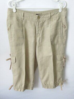 a.n.a khaki linen mid-rise zip pockets tie legs cargo capri pants *Sz 10*